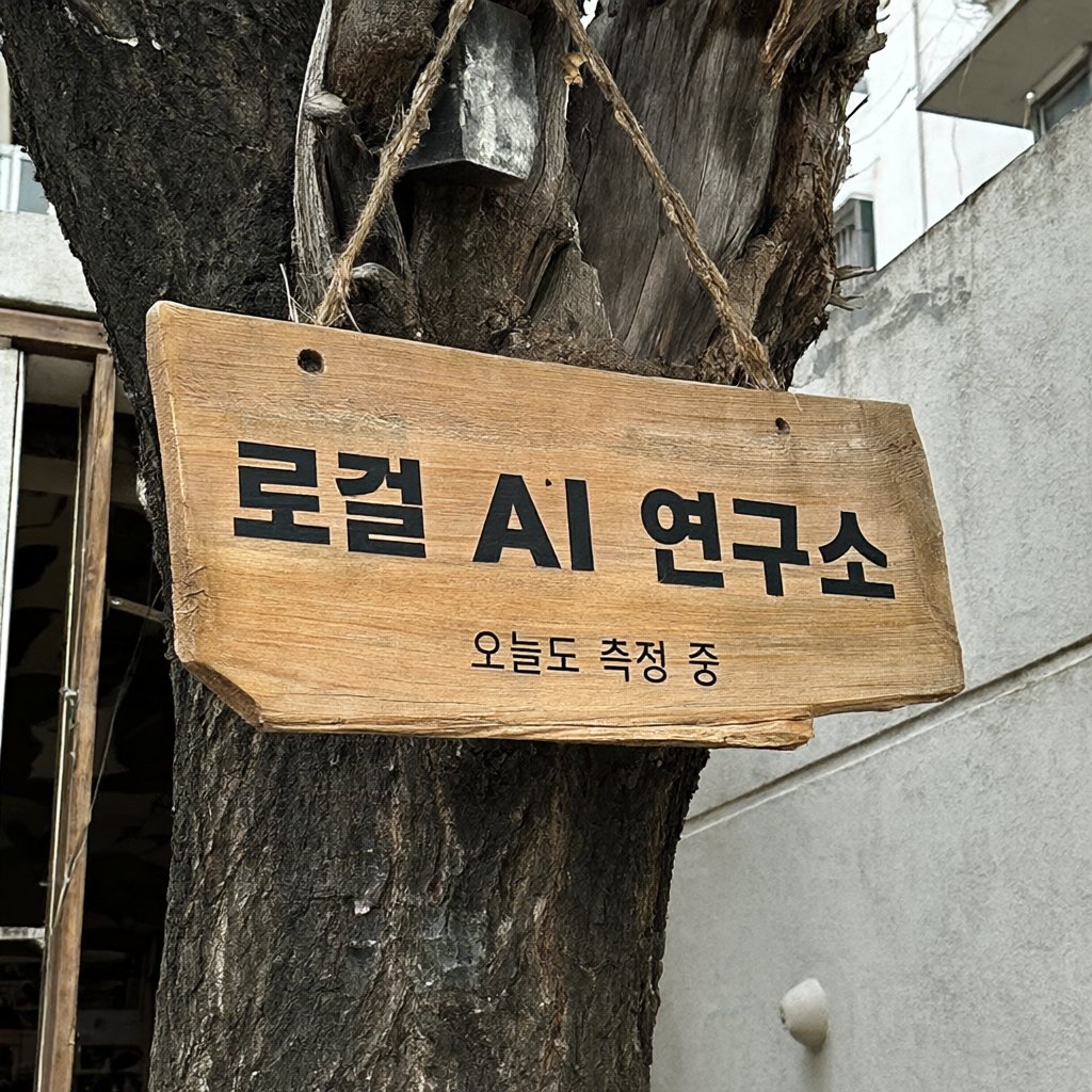 Qwen-Image-2.1로 만든 그림. 나무 줄기에 매달린 나무 간판에 한글로 로컬 AI 연구소, 그 아래 작은 글씨로 오늘도 측정 중이라고 적혀 있다