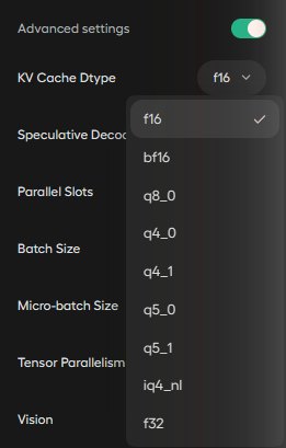 Unsloth Studio Advanced settings의 KV Cache Dtype 메뉴. f16이 선택돼 있고 bf16, q8_0, q4_0, q4_1, q5_0, q5_1, iq4_nl, f32를 고를 수 있다