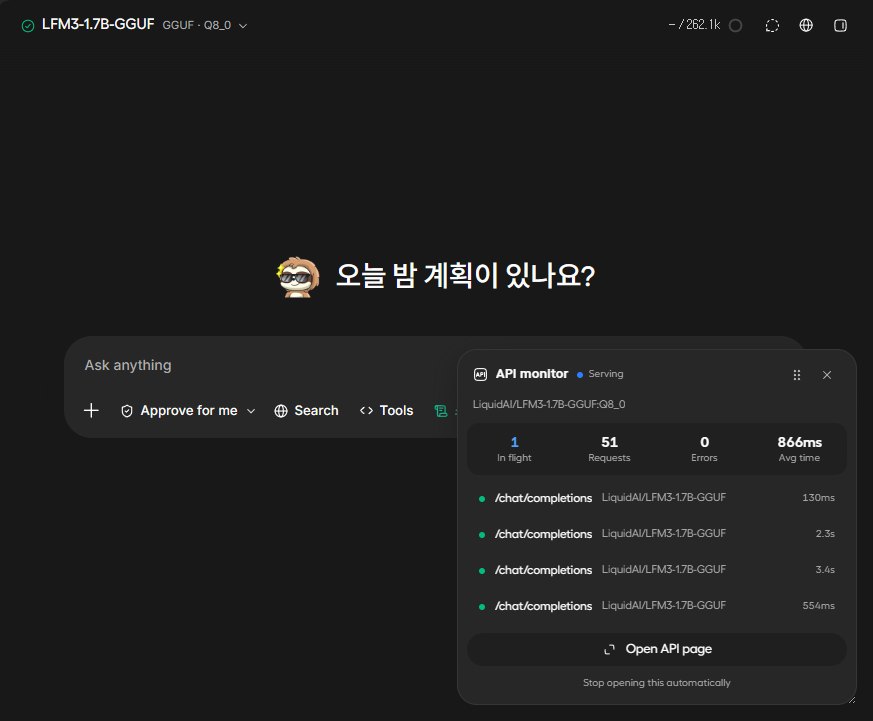 Unsloth Studio 채팅 화면 위쪽에 LFM3-1.7B-GGUF GGUF Q8_0이 올라가 있고 컨텍스트 칸에 262.1k가 보인다. 오른쪽 아래 API monitor 창에는 LiquidAI/LFM3-1.7B-GGUF:Q8_0, In flight 1, Requests 51, Errors 0, Avg time 866ms와 /chat/completions 요청 네 줄이 있다