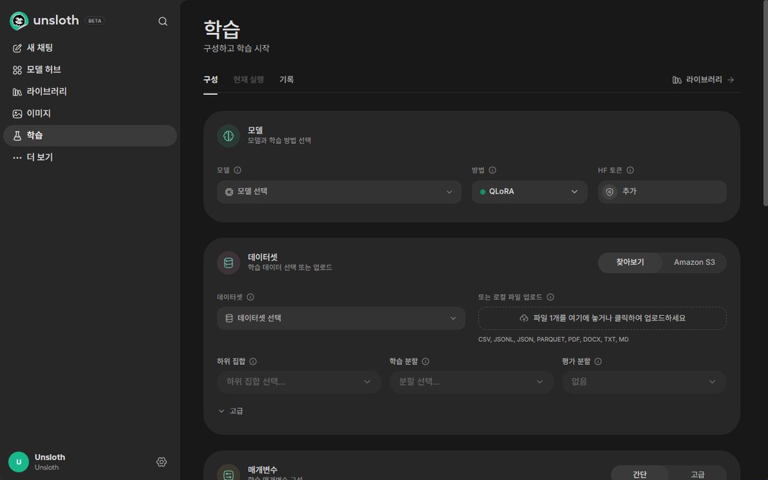 Unsloth Studio 학습 화면. 모델(방법 QLoRA), 데이터셋(CSV·JSONL·PDF 등 업로드), 매개변수를 차례로 고른다