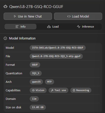 LM Studio My Models 화면의 Qwen3.8 27B GSQ-RCO 모델 정보