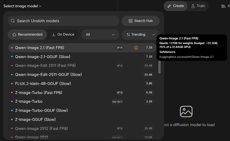 Unsloth Studio 이미지 모델 목록. 맨 위 Qwen-Image 2.1 (Fast FP8) 7.1B에 경고 표시, 설명에 Needs ~27GB for weights (budget ~22.3GB, 70% of a 31.84GB GPU)