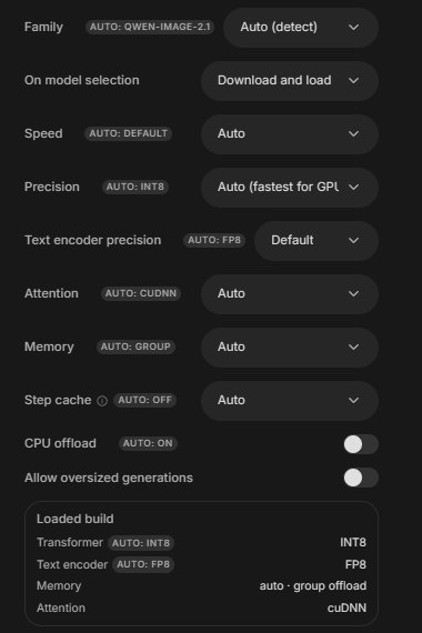 Unsloth Studio 이미지 Advanced 설정. Precision AUTO: INT8, Text encoder precision AUTO: FP8, Attention AUTO: CUDNN, Memory AUTO: GROUP, CPU offload AUTO: ON, Loaded build Transformer INT8, Text encoder FP8, Memory auto group offload, Attention cuDNN