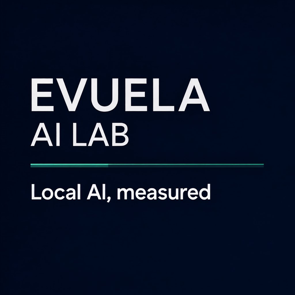 남색 배경 포스터에 EVUELA AI LAB 큰 제목과 Local AI, measured 부제, 청록색 선