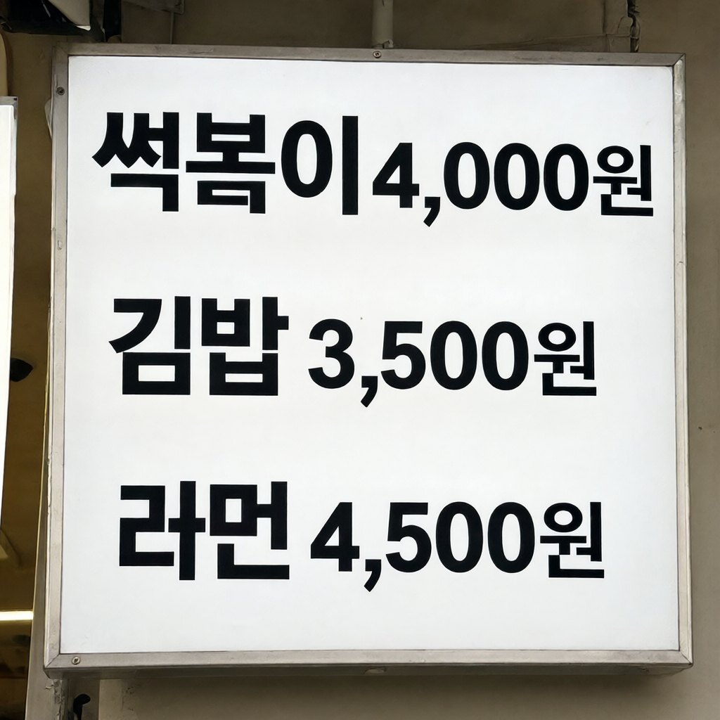 분식집 메뉴판. 썩복이 4,000원, 김밥 3,500원, 라먼 4,500원으로 쓰여 있다