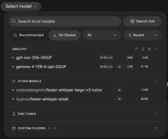 Unsloth Studio 모델 선택 창, On Device 목록에 gpt-oss-20b-GGUF UD-Q4_K_XL 20B 12GB와 gemma-4-12B-it-qat-GGUF