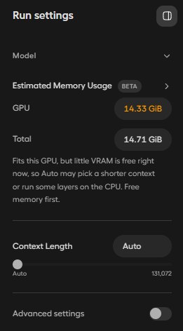 Unsloth Studio 실행 설정 창, Estimated Memory GPU 14.33GiB, Total 14.71GiB, 지금은 남은 VRAM이 적다는 안내, Context Length Auto, 최대 131,072