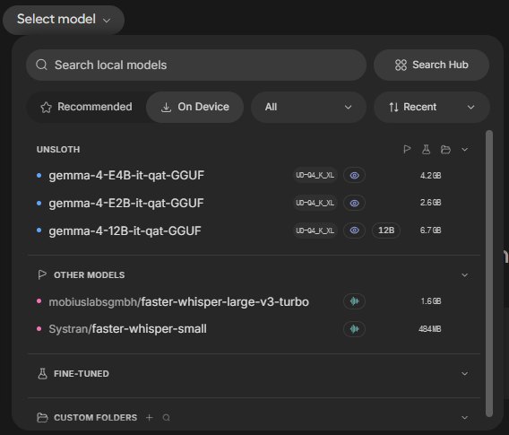 Unsloth Studio 모델 선택 창, On Device 목록에 gemma-4-E4B-it-qat-GGUF 4.2GB, gemma-4-E2B-it-qat-GGUF 2.6GB, gemma-4-12B-it-qat-GGUF 6.7GB