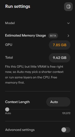 Unsloth Studio 실행 설정 창, Estimated Memory GPU 7.85GiB, Total 9.42GiB, 지금은 남은 VRAM이 적다는 안내, Context Length Auto, 최대 131,072