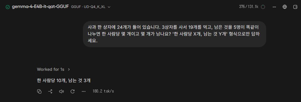 Unsloth Studio에서 생각을 켜고 사과 문제를 물은 화면, Worked for 1s, 답 한 사람당 10개 남는 것 3개, 초당 180.2토큰