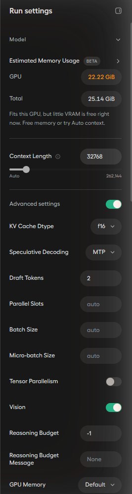 Unsloth Studio Run settings: Context Length 32768, KV Cache f16, Speculative Decoding MTP, Draft Tokens 2