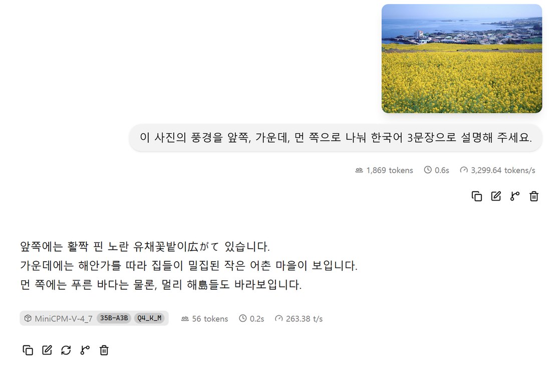 llama-server 웹 화면. 유채꽃밭과 바닷가 마을 사진을 넣고 앞쪽, 가운데, 먼 쪽으로 나눠 설명하라고 묻자 앞쪽에는 노란 유채꽃밭, 가운데에는 해안가를 따라 집들이 모인 어촌 마을, 먼 쪽에는 푸른 바다와 섬이 보인다고 답함. 답 가운데 일본어 글자와 한자가 한 군데씩 섞여 있음