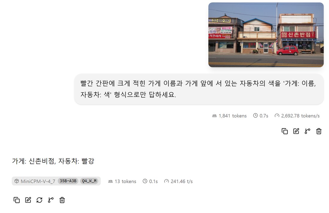 llama-server 웹 화면. 가게 세 채와 빨간 자동차가 찍힌 전체 사진을 넣고 빨간 간판의 가게 이름과 자동차 색을 묻자 가게 신촌비점, 자동차 빨강이라고 답함. 정답은 신촌반점