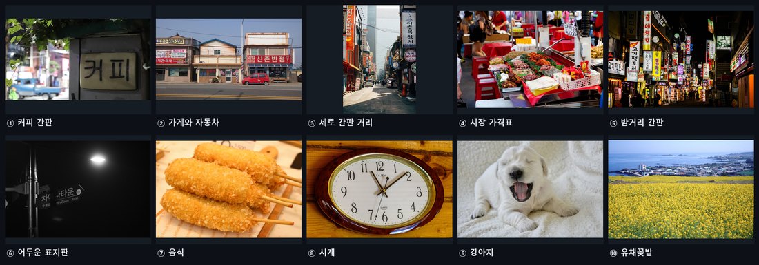 Pixabay에서 받은 실제 사진 열 장. 1 커피 간판, 2 가게와 자동차, 3 세로 간판이 있는 거리, 4 시장의 손글씨 가격표, 5 간판이 빽빽한 밤거리, 6 어두운 곳의 표지판, 7 꼬치에 꽂힌 튀김 음식, 8 벽시계, 9 하품하는 강아지, 10 유채꽃밭과 바다