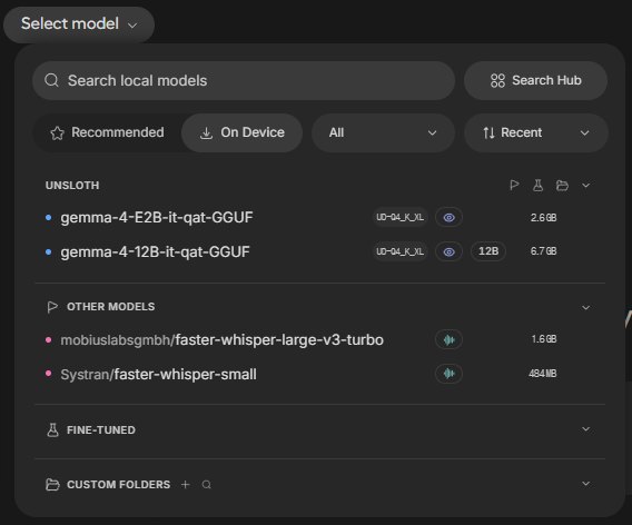 Unsloth Studio 모델 선택 창, On Device 목록에 gemma-4-E2B-it-qat-GGUF UD-Q4_K_XL 2.6GB와 gemma-4-12B-it-qat-GGUF 12B 6.7GB
