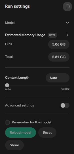 Unsloth Studio 실행 설정 창, Estimated Memory GPU 5.06GiB, Total 5.81GiB, Context Length Auto, 최대 131,072