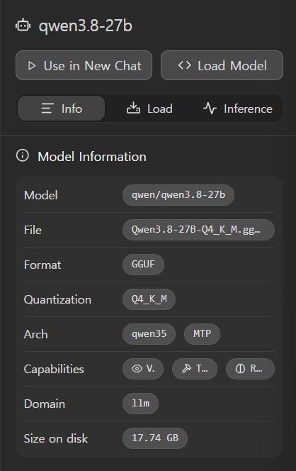 LM Studio My Models의 Qwen3.8 27B 모델 정보