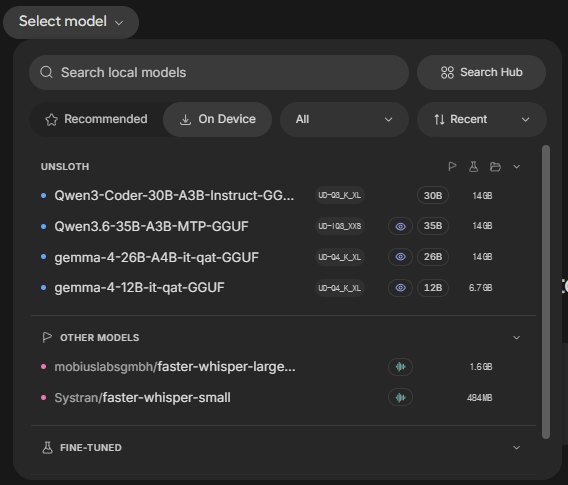 Unsloth Studio 모델 선택 창, On Device 목록 맨 위에 Qwen3-Coder-30B-A3B-Instruct-GGUF UD-Q3_K_XL 30B 14GB, 아래에 Qwen3.6 35B와 Gemma 4 26B, 12B