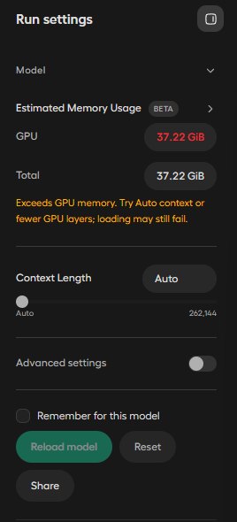 Unsloth Studio 실행 설정 창, Estimated Memory GPU 37.22GiB, Total 37.22GiB, GPU 메모리를 넘는다는 경고, Context Length Auto