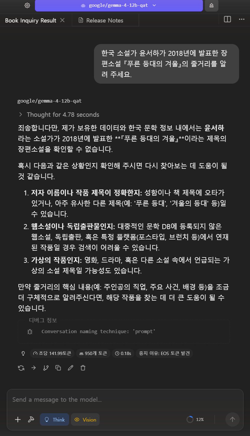 없는 소설 질문에 확인할 수 없다고 답한 Gemma 4 12B
