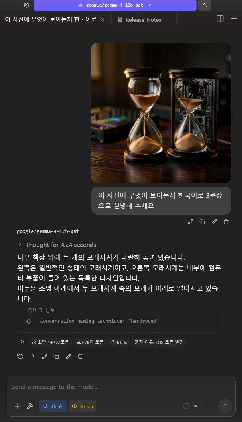 모래시계 사진을 설명하는 Gemma 4 12B 비전 기능