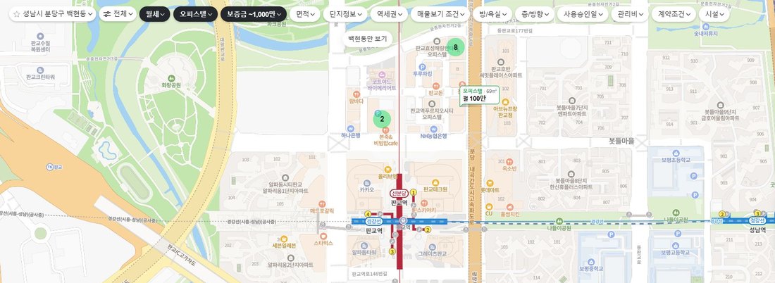 조건을 넣은 네이버페이 부동산 지도. 위쪽에 성남시 분당구 백현동, 전체, 월세, 오피스텔, 보증금 ~1,000만 칩이 있고, 판교역 위쪽에 매물 8개 묶음과 2개 묶음, 오피스텔 69㎡ 월 100만 표시가 보인다