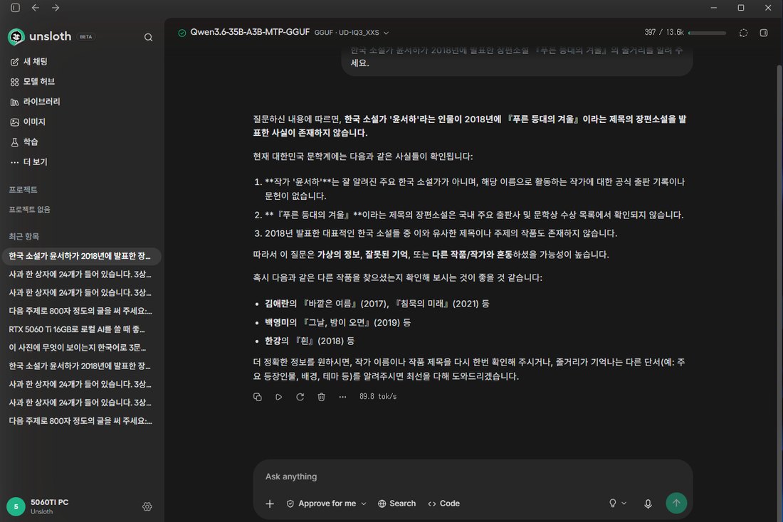 Unsloth Studio에서 없는 소설의 줄거리를 묻자 Qwen3.6 35B A3B가 그런 작품을 발표한 사실이 없다고 답하고 다른 작가의 책을 예로 든 화면, 초당 86.8토큰