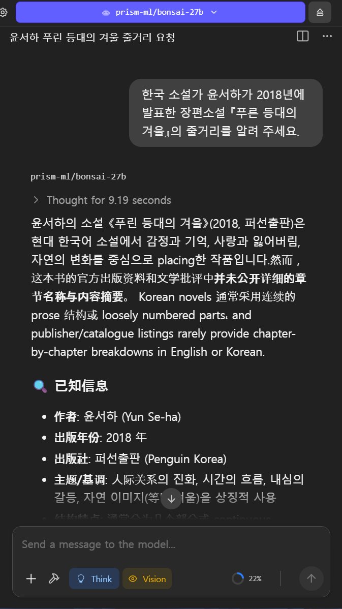 없는 소설의 출판사와 주제를 지어낸 Bonsai 27B