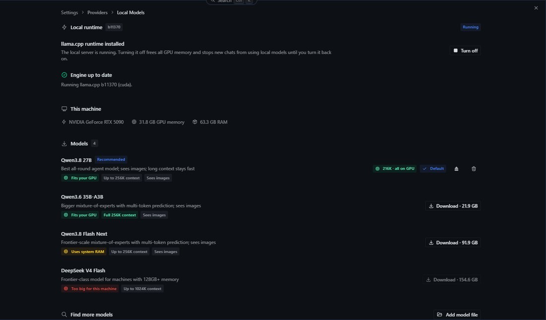 Hermes 설정의 Local Models 화면. Local runtime b11370 Running, llama.cpp runtime installed, Turn off 단추, This machine에 NVIDIA GeForce RTX 5090 31.8 GB GPU memory 63.3 GB RAM. 모델 네 개: Qwen3.8 27B는 Recommended, Fits your GPU, 216K all on GPU, Default. Qwen3.6 35B-A3B는 Download 21.9 GB. Qwen3.8 Flash Next는 Uses system RAM, Download 91.9 GB. DeepSeek V4 Flash는 Too big for this machine, Download 154.6 GB. 아래에 Find more models와 Add model file