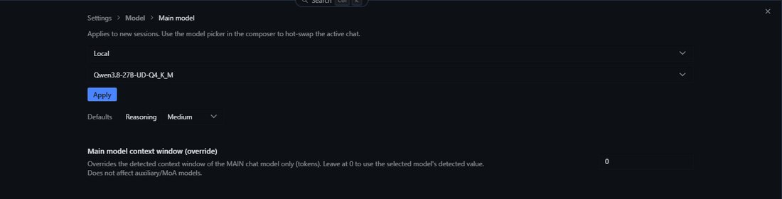 Hermes 설정의 Model, Main model 화면. 공급자 Local, 모델 Qwen3.8-27B-UD-Q4_K_M, Reasoning Medium, Main model context window override 0