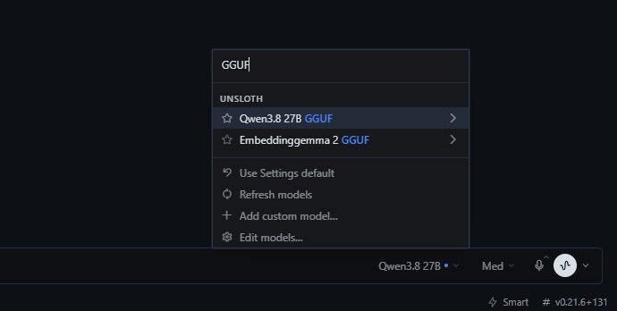 Hermes 모델 고르는 창에서 GGUF를 검색한 화면. UNSLOTH 아래에 Qwen3.8 27B GGUF와 Embeddinggemma 2 GGUF가 보인다