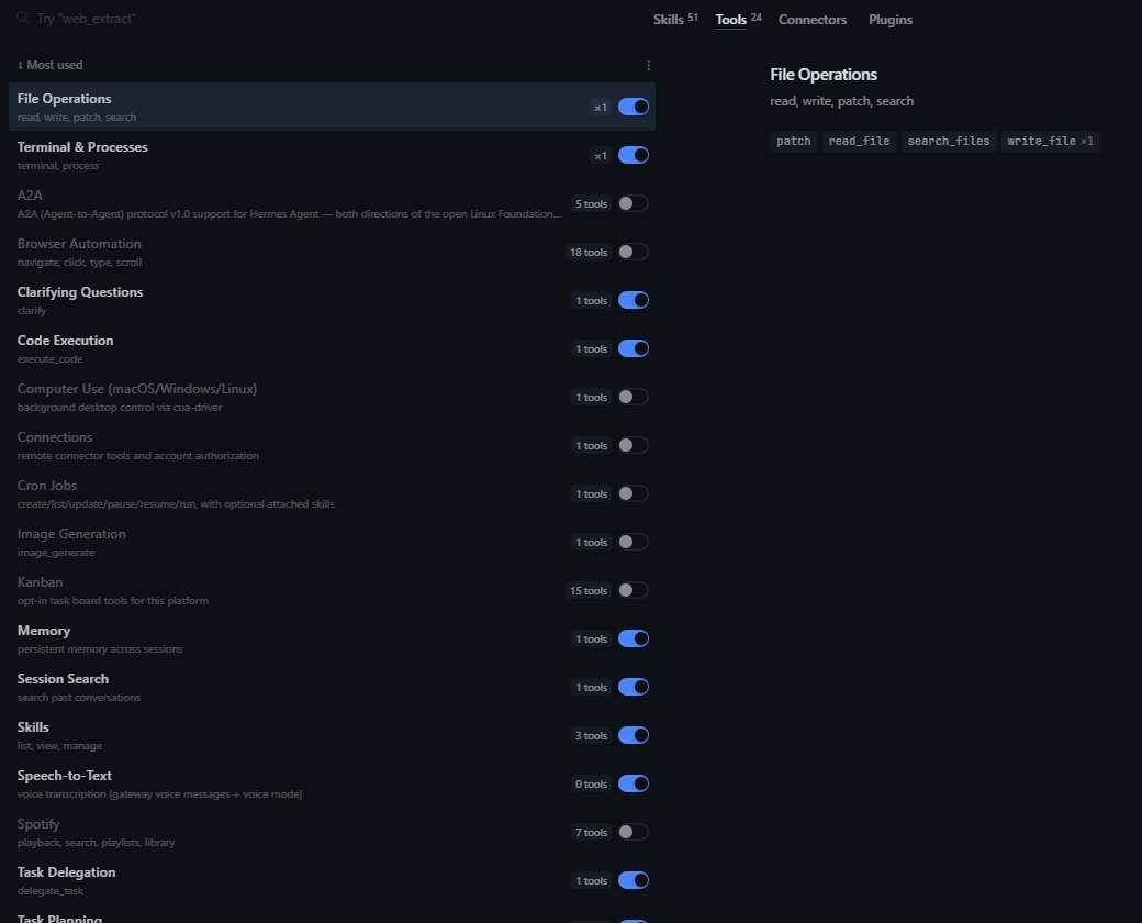 Hermes의 Capabilities, Tools 화면 위쪽. File Operations, Terminal & Processes, Clarifying Questions, Code Execution은 켜져 있고, A2A, Browser Automation, Computer Use, Connections, Cron Jobs, Image Generation, Kanban은 꺼져 있다