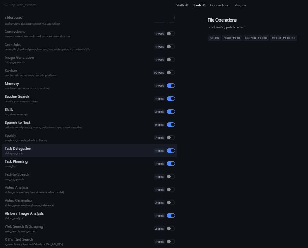 Hermes의 Tools 화면 아래쪽. Memory, Session Search, Skills, Speech-to-Text, Task Delegation, Task Planning, Vision은 켜져 있고, Spotify, Text-to-Speech, Video Analysis, Video Generation, Web Search & Scraping, X Search는 꺼져 있다