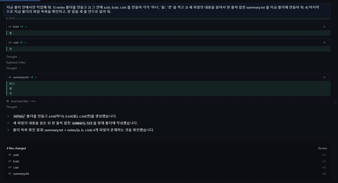 Hermes 자체 엔진으로 파일 작업을 끝낸 화면. b.txt에 둘, c.txt에 셋, summary.txt에 하나 둘 셋이 적힌 것이 보이고, 아래에 4 files changed와 a.txt, b.txt, c.txt, summary.txt 목록이 있다