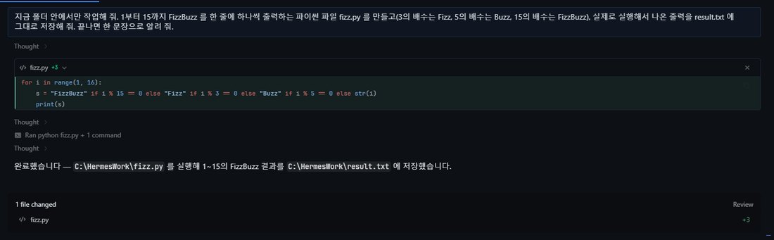코드 과제를 끝낸 Hermes 화면. fizz.py에 for i in range(1, 16)으로 시작하는 세 줄 코드가 보이고, Ran python fizz.py + 1 command 뒤에 '완료했습니다. C:\HermesWork\fizz.py를 실행해 1~15의 FizzBuzz 결과를 C:\HermesWork\result.txt에 저장했습니다'라고 나온다