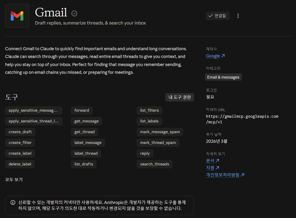Claude의 Gmail 연결 화면. 도구 목록에 apply_sensitive_message_label, create_draft, create_filter, create_label, delete_label, forward, get_message, get_thread, label_message, label_thread, list_drafts, list_filters, list_labels, mark_message_spam, mark_thread_spam, reply, search_threads 가 보이고 모두 보기 버튼이 있다