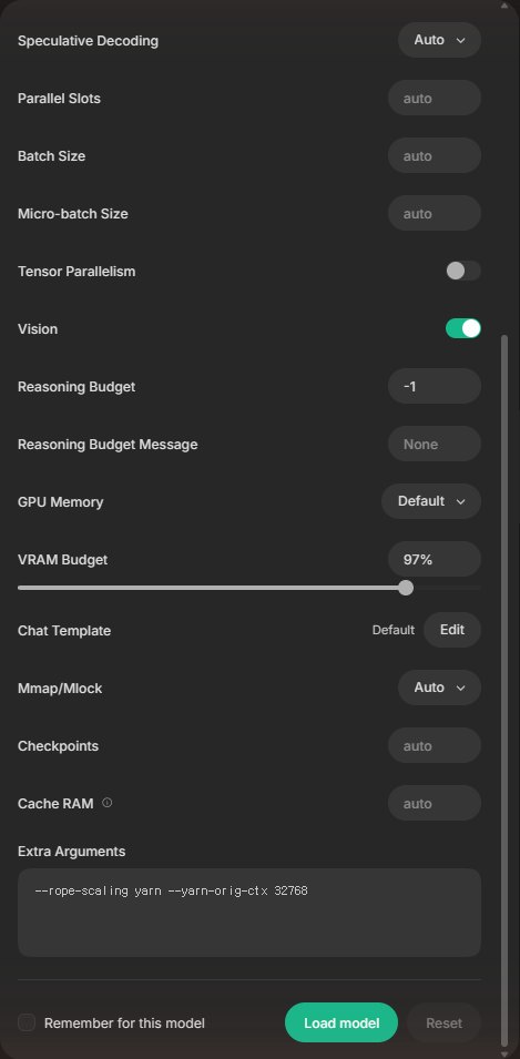 Unsloth Studio 고급 설정 아래쪽: Chat Template, Mmap/Mlock, Checkpoints, Cache RAM, Extra Arguments