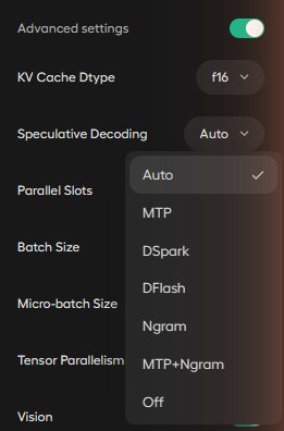 Speculative Decoding 메뉴: Auto, MTP, DSpark, DFlash, Ngram, MTP+Ngram, Off