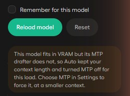 Unsloth Studio의 안내문: 모델은 VRAM에 들어가지만 MTP 부품은 들어가지 않아 Auto가 컨텍스트를 유지하고 MTP를 껐다는 내용