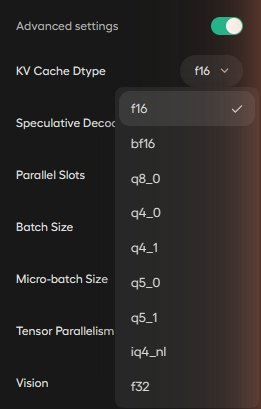 KV Cache Dtype 메뉴: f16, bf16, q8_0, q4_0, q4_1, q5_0, q5_1, iq4_nl, f32