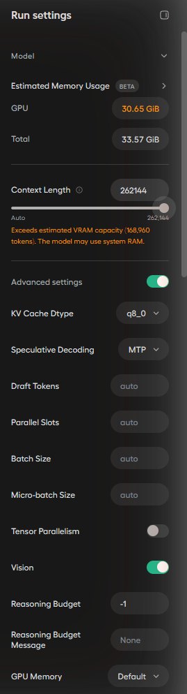 컨텍스트 262144, KV Cache q8_0, Speculative Decoding MTP로 맞춘 설정 화면