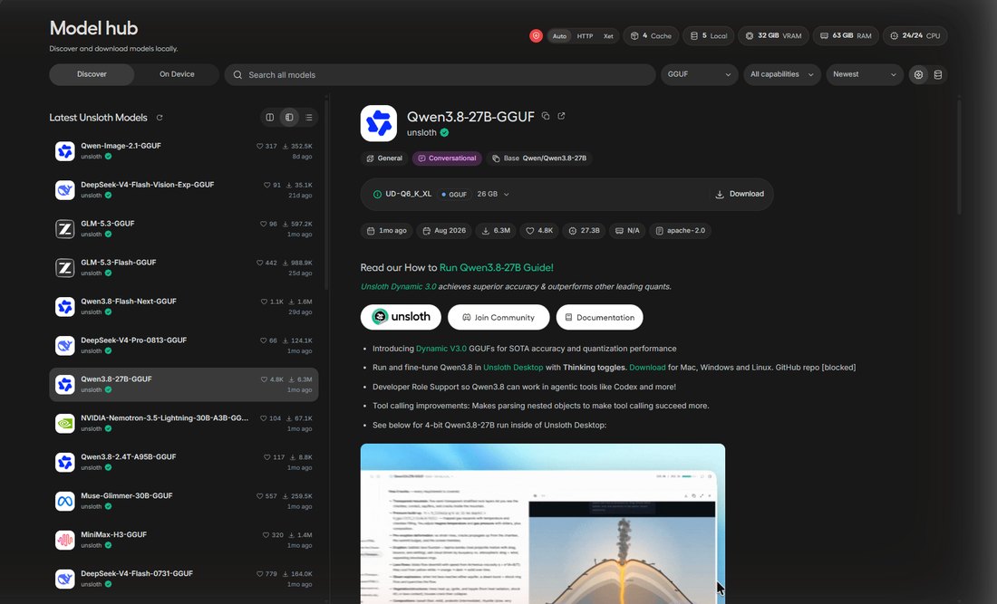 Unsloth Studio의 모델 허브 화면. 위쪽에 검색 칸과 32 GiB VRAM, 63 GiB RAM 표시가 있고, 왼쪽에 모델 목록, 오른쪽에 고른 모델 Qwen3.8-27B-GGUF의 설명과 UD-Q6_K_XL GGUF 26 GB 파일 선택, Download 버튼이 있다