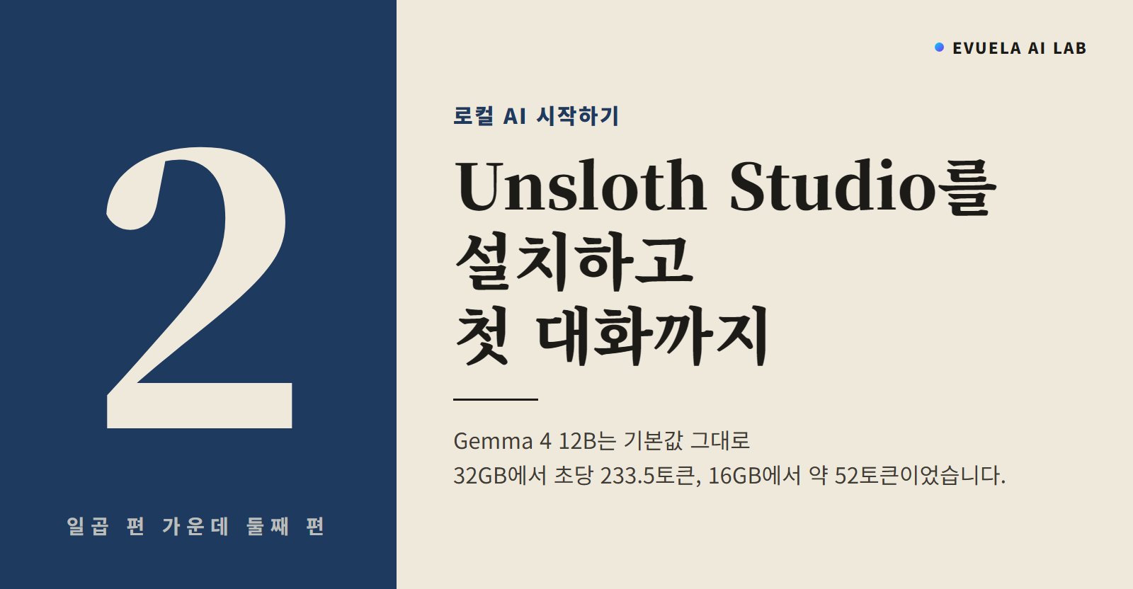 로컬 AI 시작하기 2편, Unsloth Studio 설치부터 Gemma 4 12B 첫 대화까지, 16GB는 설정 하나로 52토큰이 94토큰이 됐다