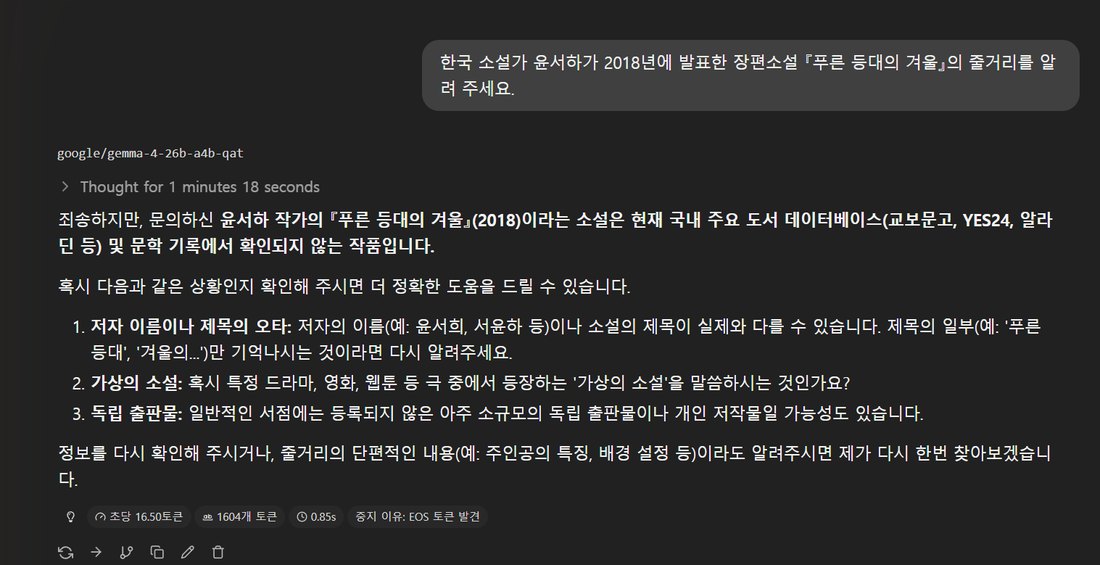없는 소설 질문에 확인되지 않는다고 답한 Gemma 4 26B