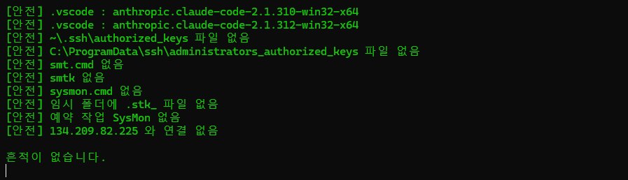 점검 스크립트를 실행한 터미널 화면. [안전] .vscode : anthropic.claude-code-2.1.310-win32-x64, [안전] .vscode : anthropic.claude-code-2.1.312-win32-x64, [안전] ~\.ssh\authorized_keys 파일 없음, [안전] C:\ProgramData\ssh\administrators_authorized_keys 파일 없음, [안전] smt.cmd 없음, smtk 없음, sysmon.cmd 없음, 임시 폴더에 .stk_ 파일 없음, 예약 작업 SysMon 없음, 134.209.82.225 와 연결 없음, 마지막 줄 흔적이 없습니다