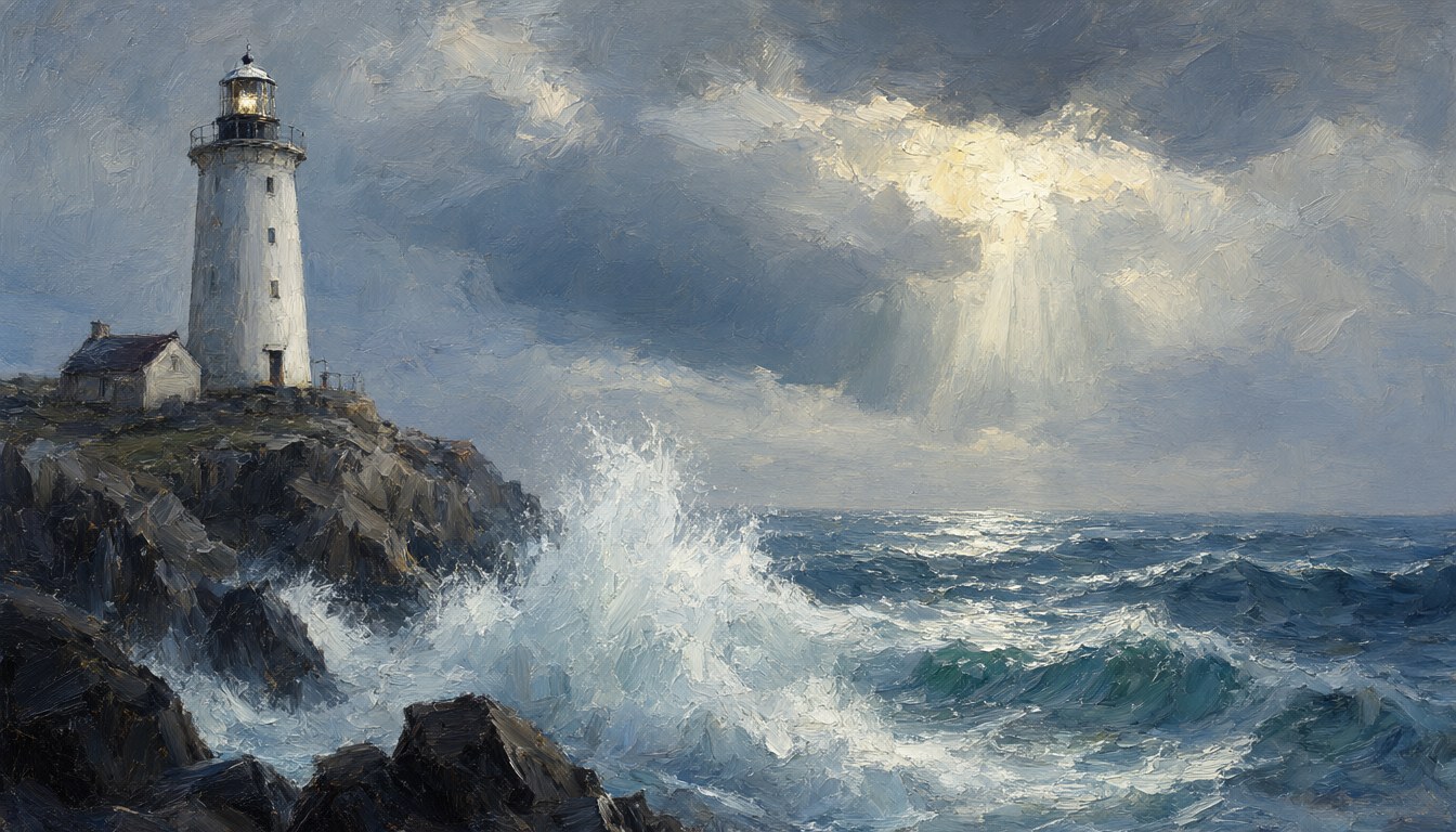 폭풍 속 등대 유화 — Qwen-Image-2.1로 만든 이미지