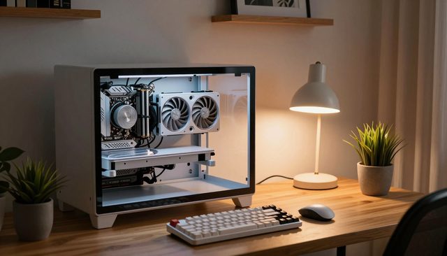 저녁의 책상과 컴퓨터 — Z-Image Turbo로 만든 이미지